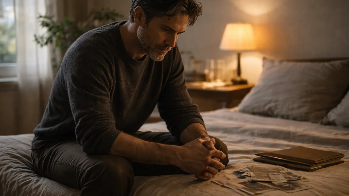 Imagen de una persona adulta sentada en silencio sobre una cama, con las manos entrelazadas y fotografías frente a ella, en una escena que sugiere reflexión y carga emocional contenida