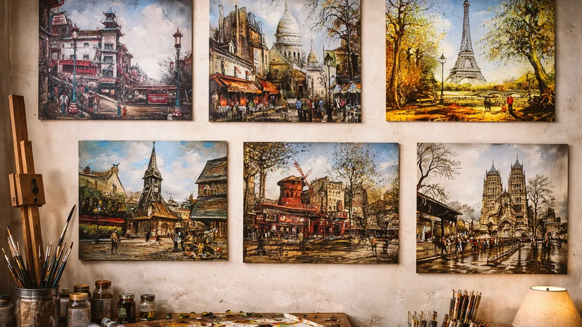 Conjunto de pinturas que representan escenas urbanas con personas transitando calles, plazas y cafés de distintas ciudades, en una atmósfera cotidiana y ligeramente suspendida