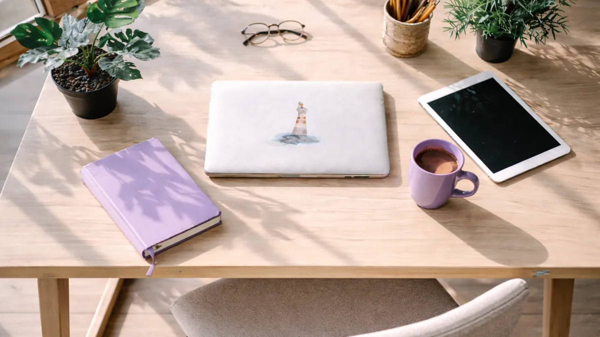 Escritorio iluminado por luz natural, con una computadora cerrada, un cuaderno abierto y una taza de café. Un espacio de pausa y reflexión antes de escribir