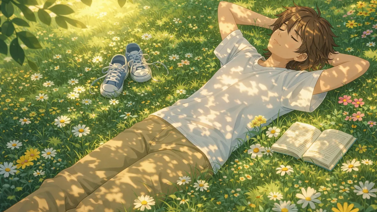 Ilustración de una persona recostada sobre el pasto, rodeada de flores, mientras la luz del sol se filtra entre las hojas de los árboles proyectando sombras suaves sobre su cuerpo y el entorno natural.