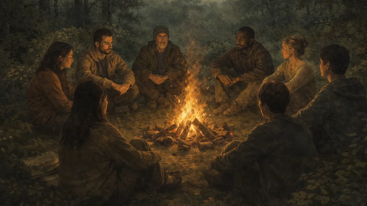 Ilustración de un grupo de personas sentadas en círculo alrededor de un fuego, en un entorno natural, compartiendo un momento de encuentro y comunidad que simboliza el vínculo y la interdependencia humana